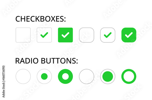 Colorful checkboxes and radio buttons, check mark, chosen, click, approve, UI design.