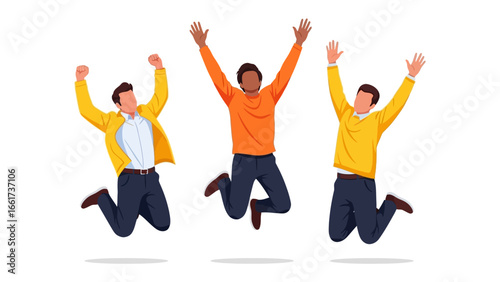 Jumping with Joy: Three figures with uplifted arms and beaming faces leap with sheer jubilation, a vibrant illustration embodying unadulterated glee and success.