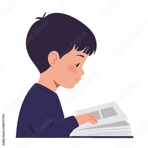 A young child's profile is deeply focused on the pages of an open book, presented as a minimalist 2D flat vector illustration with clean lines and solid colors on a white background.