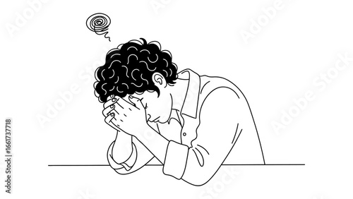 Mental Distress: A line art illustration encapsulates the emotional weight of anxiety and stress through the posture of the person, a visual portrayal of inner turmoil.