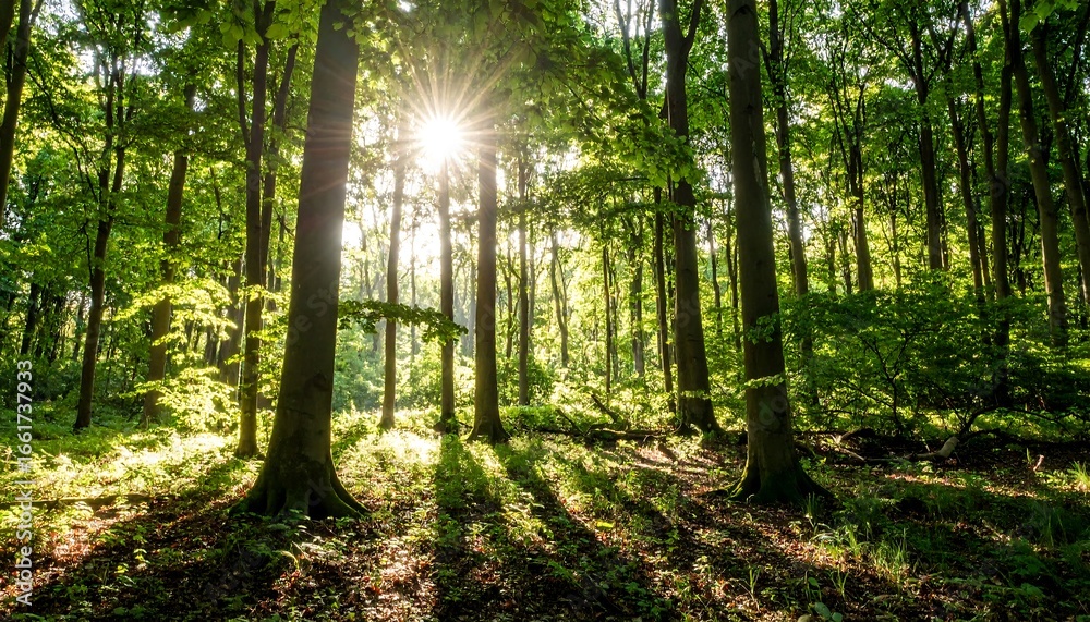 Obraz premium Sunlight filtering through forest canopy