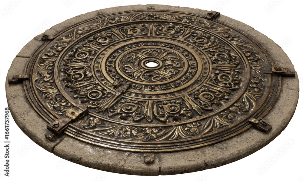 Fototapeta premium Ornate circular metal plate set in stone