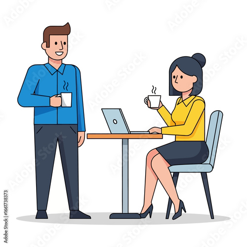 Coffee Break Connection: An illustrative scene captures two professionals taking a pause, each enjoying a warm cup of coffee during a moment of informal connection and relaxation. 