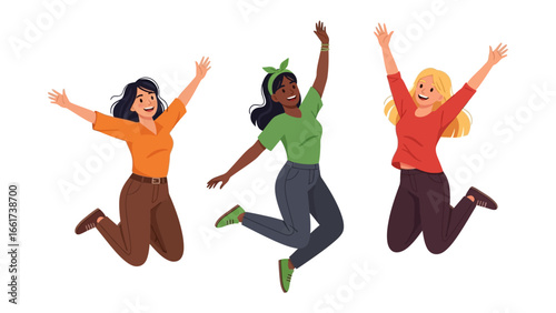 Joyful Trio in Flight: Capturing the exuberance of three young women mid-jump, radiating pure delight with their raised arms and carefree expressions. It's a celebration of happiness and freedom.