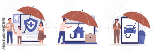 Vector art of comprehensive insurance coverage protecting your family, home, and vehicle with health, life, and auto policies, ensuring financial security and peace of mind