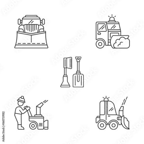 Various snow removal tools and machines for winter season isolated on white background