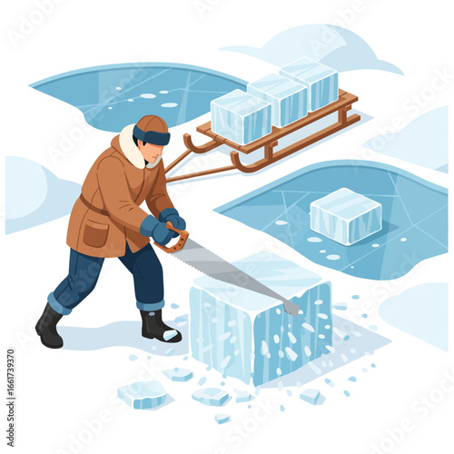 Historical Ice Harvesting: A Man Cutting Blocks of Ice