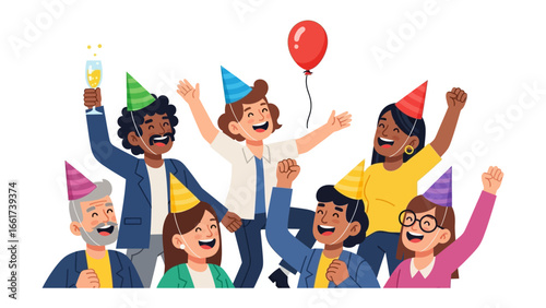 Festive Gathering: A vibrant illustration depicts a lively celebration, with diverse individuals adorned in party hats and balloons, sharing laughter and joy in a festive atmosphere.