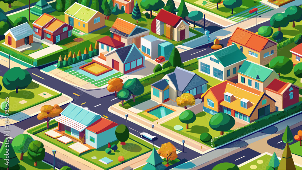 The neighborhood development displays balanced geometry, winding paths, clustered homes, peaceful blocks, sunlight reflections, patterned gardens, colorful roofs, welcoming atmosphere, serene living, 