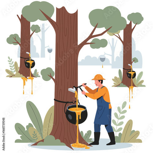 Vector illustration of a resin collector harvesting liquid from a tree trunk. Traditional craftsmanship and raw material production concept