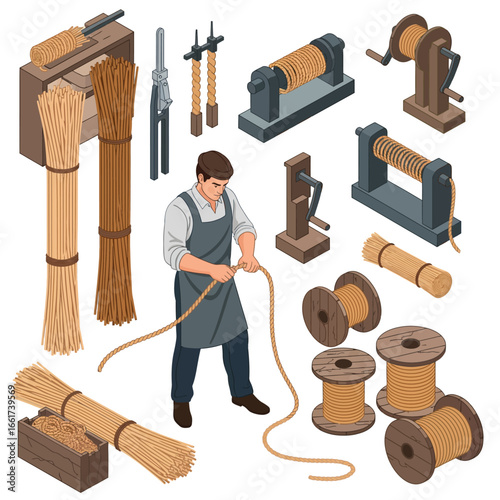 Isometric vector illustration of a rope maker artisan at work, using traditional tools to twist fibers and create rope