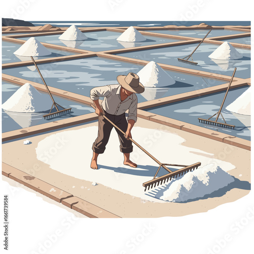 Vector illustration of a salt farmer harvesting sea salt with a rake in a salt pan. Traditional agriculture and coastal food production