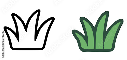 Simple line art and colored illustrations of grass blades.
