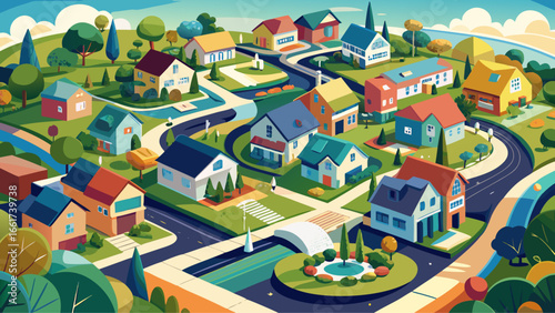 The neighborhood development displays balanced geometry, winding paths, clustered homes, peaceful blocks, sunlight reflections, patterned gardens, colorful roofs, welcoming atmosphere, serene living, 