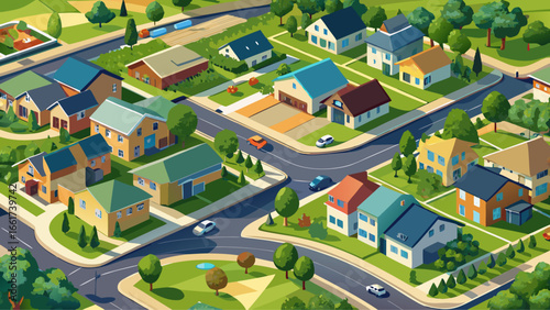 The neighborhood development displays balanced geometry, winding paths, clustered homes, peaceful blocks, sunlight reflections, patterned gardens, colorful roofs, welcoming atmosphere, serene living, 