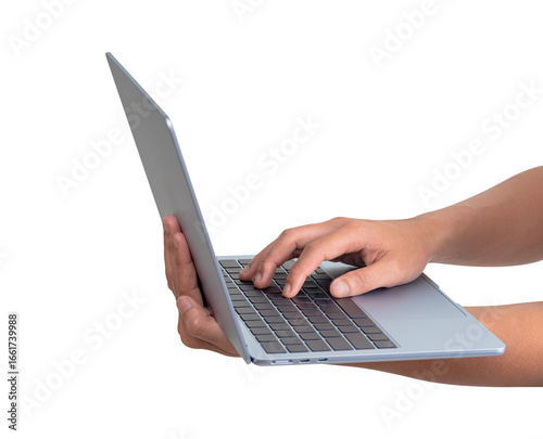 Side view of hands using modern laptop isolated on transparent PNG. Concept for technology, business, finance and advertising.