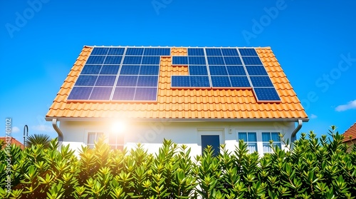 Residential home with solar panels harvesting clean energy against a vibrant blue sky
