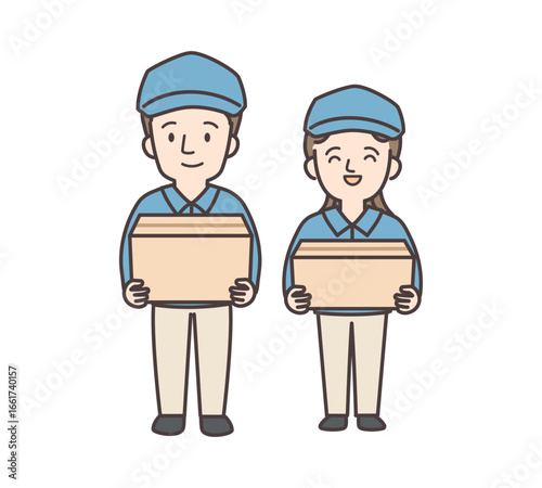 荷物を持つ作業着姿の男女のイラスト