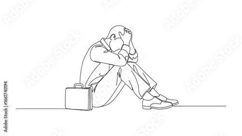 Line Art: Despair in the Business World: A monochrome line art illustration depicts a despondent businessman hunched in defeat beside his briefcase.