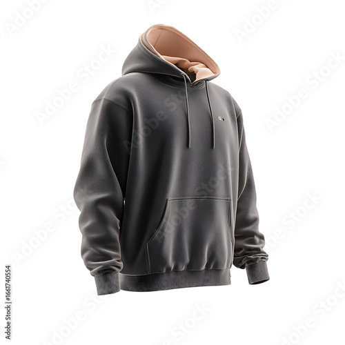 Grey hooded sweatshirt with tan lining on black background