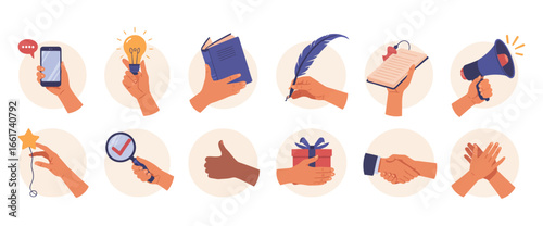 Vector art of diverse hand gestures illustrating business concepts communication, creativity, success, and collaboration, for visual communication