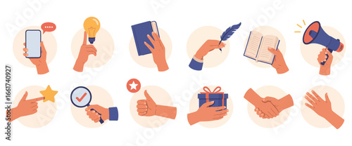 Vector art of diverse hand gestures illustrating business concepts communication, creativity, success, and collaboration, for visual communication