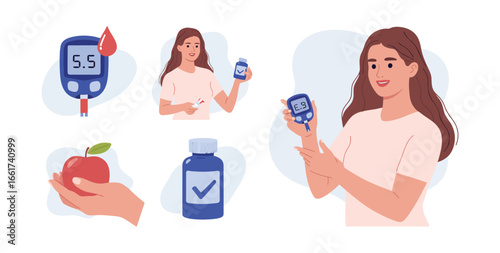 Illustration of diabetes management with glucose meter, insulin, and healthy food choices, for healthcare and lifestyle concepts