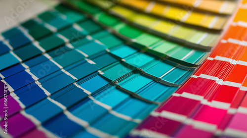 Colorful swatch catalog features color palette Pantone guide close up.
