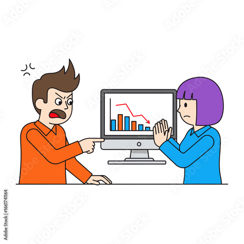 Conflict Resolution: Illustrative depiction of a disagreement between two figures, with a falling chart, representing conflict and failed strategies.