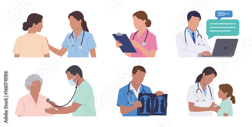 Vector art of illustrations of doctors and nurses providing medical care, consultations, and examinations to patients in a healthcare setting