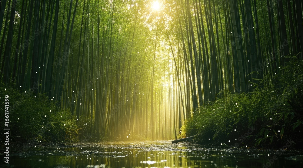 Fototapeta premium Sunlight streams through a bamboo forest