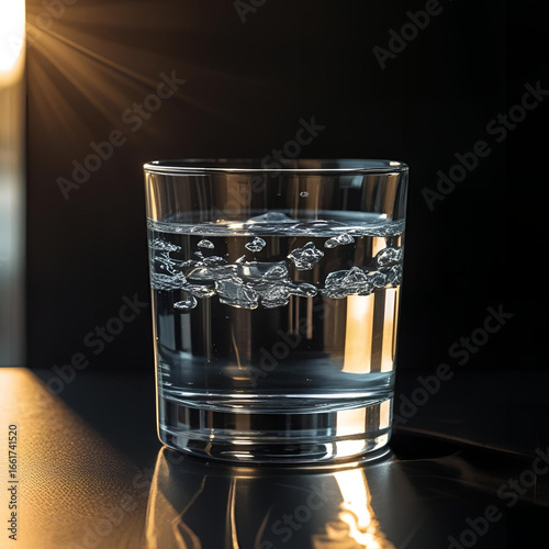 Clear glass of water on a black background with sunlight reflections, minimalistic still life with soft shadows