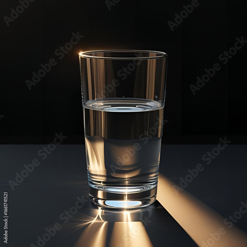 Bright reflections on a glass of water placed on a black background, natural sunlight enhancing a calm and clean composition