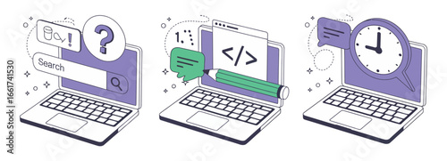 Vector art of isometric illustration of a laptop displaying search, coding, and time management features, , symbolizing digital solutions and technological progress