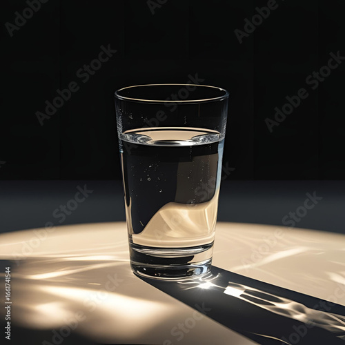 Minimalistic still life of a clear water glass on a black table, sunlight creating highlights and gentle shadows