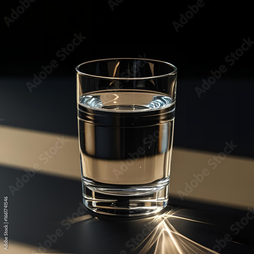 Transparent glass filled with water on a dark surface, illuminated by warm natural sunlight, bright and elegant still life