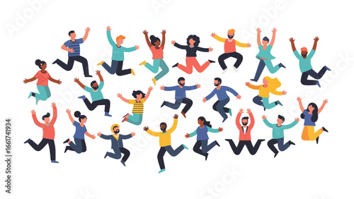 Joyful Leap: Capturing the essence of pure happiness, a vibrant collection of diverse individuals takes flight in mid-air, expressing elation, freedom.