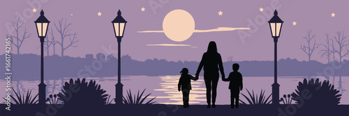 A silhouette of a mother and two children walking near a lake under the moonlight with street lamps lit up