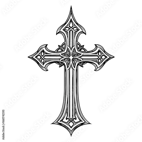 Detailed black and white design featuring an ornate cross that can be used for graphic projects or religious themes.