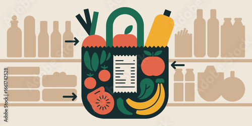 A grocery bag filled with fruits and vegetables in front of shelves in a store illustration style