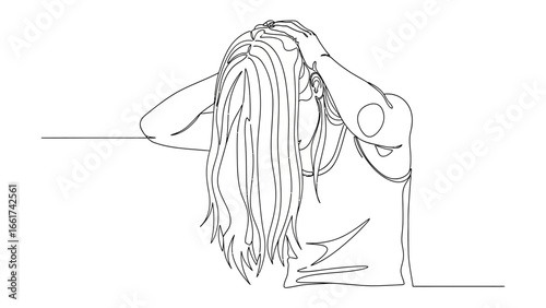 Contemplative Solitude: An expressive line drawing depicts a woman immersed in introspective thought, her hand gently cradling her head, capturing the depth of emotion.