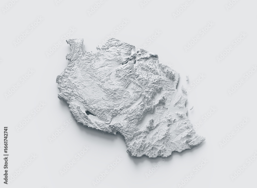 Fototapeta premium Snowy Tanzania Map White and Gray Shaded Relief Textured. 3D illustration