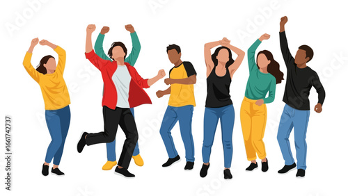 Joyful Harmony: A group of diverse individuals celebrates the joy of life, dancing together in a vibrant display of togetherness. A collective embrace of movement and unity.
