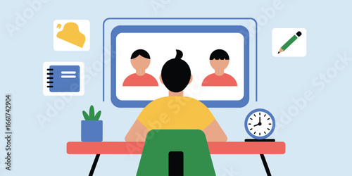 Person at desk on video call with others with clock plant notebook pencil and cloud icons around them