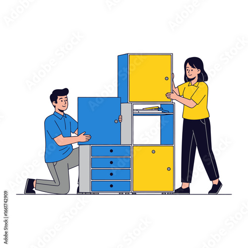 Building the Vision: A collaborative illustration portrays a pair assembling modular storage, perfectly reflecting teamwork, innovation, and the process of constructing something new.