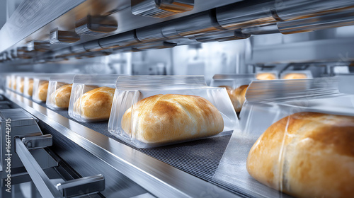 An automated with high tech production line packaging fresh bread rolls into resealable bags for commercial distribution and supply chain logistics, ready for distribution, packaging