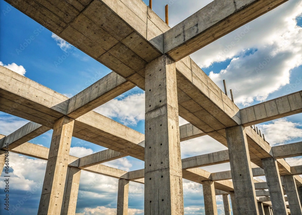 Fototapeta premium Concrete skeleton of a building under construction, featuring columns and beams against a blue sky.