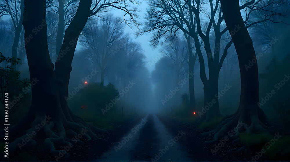 Obraz premium Misty Forest Path at Dusk 
