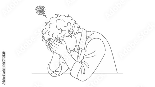 Despair in the Shadows: A line art illustration depicts a person with bowed head, hand covering face, emanating emotions of distress.