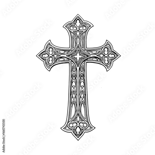 Ornate black and white outline drawing of a cross features intricate detailing, suggesting religious or artistic usage.